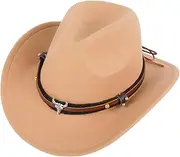 [WDEY] Unisex Western Cowboy Hat, Faux Fur Felt Cowgirl Hats Hats Outdoor Wide Brim Rodeo Hat with Strap, Camel Color