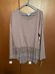 Women's One World Live And Let Live LG Sweater Top with Lace Ruffle Mauve NEW