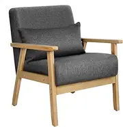 ALFORDSON Wooden Armchair with Linen Fabric Upholstery Cushion & Pillow, Accent Chair with Solid Wood Frame Wooden Armrest, Lounge Sofa for Reading Bedroom Living Room, 180KG Capacity, Ulla Dark Grey