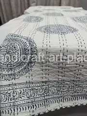 Beautiful Unique Indian Hand Block Print Quilt With Kantha King Size Bedspread