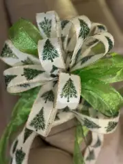 Christmas Tree Bow, TreeTopper, Burlap Ribbon In Green & White with Green Trees