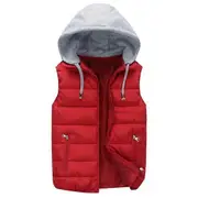 Men Autumn Winter Warm Vest with Hood Zipper Closure Waterproof Cold Prevention Sleeveless Casual Jacket Vest red XL