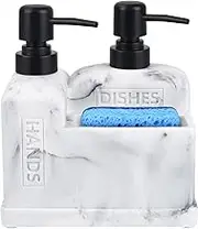 Kitchen Soap Dispenser With Sponge Caddy - 3-in-1 Dual Dispenser for Dish and Hand Soap - White Marble Look for Kitchen, Bathroom