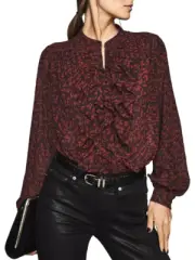 REISS Pippa Zig Zag Ruffled Blouse Top Womens US 2 UK 6 Red Long Sleeve $240 NWT