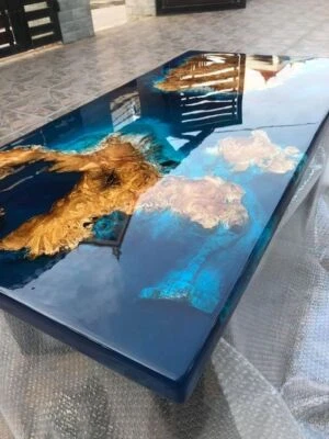 Live Edge Blue Epoxy Resin Table Top Walnut Custom Order For Restaurants & Bar
