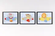 3 x A4 Nursery/Baby/Kids Room Wall Prints Pilot Animals Lion Monkey Elephant