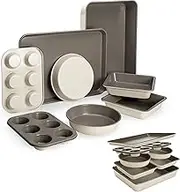 Goodful All-in-One Nonstick Bakeware Set, Stackable and Space Saving Design Includes Round and Square Pans, Muffin Pans, Cookie Sheet and Roaster, Dishwasher Safe, 8-Piece, Linen