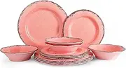 [LEHAHA] Melamine Dinnerware Sets, Farmhouse Dinnerware Set, Camping Dishes Set, BPA free and Lightweight, Durable Outdoor Plates and Bowls Set, Service for 4 (12 piece), (Pink)