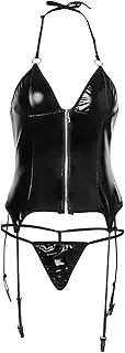 [Satohom] Women's Sexy Patent Leather Lingerie with Garter 2 Pieces Erotic Deep V Bodysuit with Zipper Backless Halter Neck Underwear with Thong Without Stockings