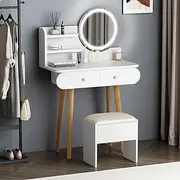 ALFORDSON Dressing Table and Makeup Stool Set White Colour, Vanity Desk with LED Mirror & Drawers, Dresser Organiser for Women Bedroom Dress Room