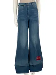 Blue Denim Flared Logo Patch Jeans