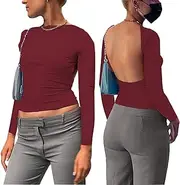 [ZPLxi] Women's Long Sleeves Backless Top Shirts Y2K Crop Tunic Tops Short Sleeves Crew Neck One Shoulder 2023 Cut Out Casual Short Blouse Tees