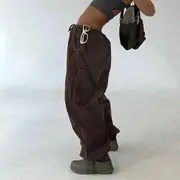 Drawstring Cargo Harem Pants Brown - S
