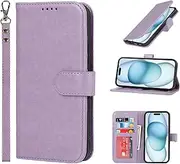 Cavor for iPhone 15 Wallet Case for Women Flip Folio Kickstand PU Leather Case with Card Holder Wristlet Hand Strap Stand Protective Cover for iPhone15 6.1'' Phone Cases-Purple