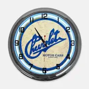 18" Chevrolet Historic Logo Motor Cars Metal Sign Designed White Neon Clock