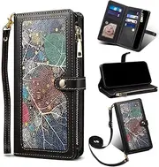 Nexue Wallet Case Compatible with Google Pixel 7,Zipper Flip Folio Wallet RFID Blocking Case with Wrist Strap Shoulder Lanyard Magnetic Closure Built-in Kickstand,Black