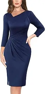 [VFSHOW] Womens Asymmetrical Neck Pleated Front Slit Office Business Work Church Slim Fit Pencil Sheath Dress