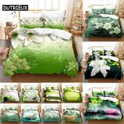 a2083 Bed Sheets Green Flower Duvet Cover Set Double Bed With Pillowcase Lotus Bedding Set xcm3-Piece Bedding Set (1 Duvet Cover + 2 Pillow Shams)