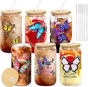 Kuabiz 6 Pcs Christian Glass Cups with Lids and Straws Bulk Gift Butterfly Glasses Bible Verse Religious Prayer Party 16 Oz Ice Coffee Mason Drinking Jars Women Appreciation (Christian Butterfly)