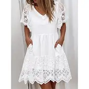 Women's Summer Dress V-Neck Short Sleeve Lace Detail High Waist Flare Skirt Casual Elegant Party White Cotton Comfortable Fit Multiple Sizes