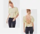 BNWT Urban Outfitters Open Lace Back Top Yellow Black Polka Dot Puffy Sleeve XS
