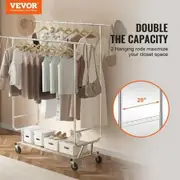 Heavy Duty Clothes Rack Double Hanging Rod Clothing Garment Rack for Hanging Clothes Adjustable Height and Extendable Length Clothing Rack