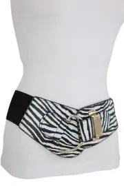 Women Black White Faux Leather Zebra Animal Print Elastic Belt Hook Buckle S M