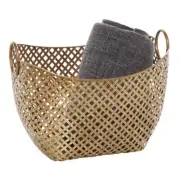 Storage Basket Mesh Pattern Metallic Gold Color Metal Woven Inspired Ring Handle
