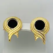 Vintage 1980-90s Gold Tone Black Lucite Swirl Pierced Earrings
