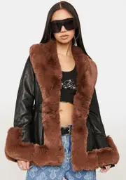 [AZALEA WANG] Brown Kenzy Faux Fur Trim Peplum Coat