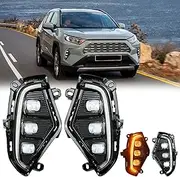 LED Daytime Running Lights Fit for Toyota RAV4 2019 2020 2021 2022 2023 2024 DRL Fog Lights Kit Rav4 Fog Lights Assembly Replace Amber Turn Signal Lamps 3 Eyes RAV4 DRL Daylights with Bezel 2pieces