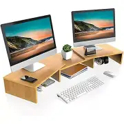 Dual Monitor Stand – 3 Shelf Computer Monitor Riser, Wood Desktop Stand with