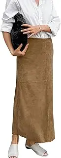 [Chartou] Women Fall Winter Elegant Faux Suede Leather Regular Fit Pencil Maxi Long Skirt