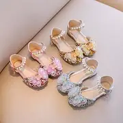 Girls' Pink Glitter Butterfly Dress Shoes – Sparkly Low Heel Princess Flats with Pearl Strap for Birthday, Wedding Party