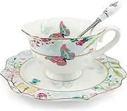 Krysclove Vintage Butterfly Bone China Teacup with Lid Spoon and Saucer Set, Delicate Royal Bone China Coffee Mug Ceramic Tea Cups (Blue)