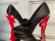Prada Milano Women's 1I834L Raso I Black Pumps Red Lightening Heels Shoes