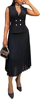 [Molilove] Womens 2 Piece Outfits Business Casual Sleeveless Blazer Vest with Pleated Chiffon Skirt Midi Swing A-line Skirts