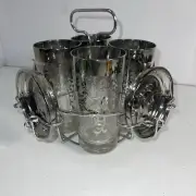 Vintage Kimiko Glasses Silver Rimmed Set Caddy Barrage Set 4 Glasses & 4 Coaster