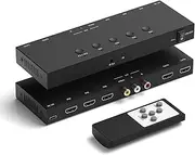 RuiPuo 4K@60Hz HDMI Switch and RCA to HDMI Converter (AV in and Three HDMI 2.0 in) and Offers Two HDMI Out Ports.