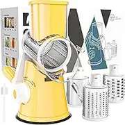Cambom Cheese Grater 3 Multi Blade Cheese Shredder Manual Rotary Cheese Grater Vegetable Slicer with Non-slip Suction Base Vegetable Shredder & Nuts Grinder With Brush Yellow, OKC315Y