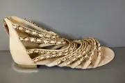 Chanel 39.5 Beige Suede Gladiator Gold Woven Chains Sandals Flats Shoes NEW