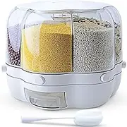 Daseeme Grain Dispenser, 11 Qt Rotating Storage Container, 6-Compartment Dry Food Dispenser with Measuring Cup for Kitchen Small Grains, Beans, Rice (11Qt)