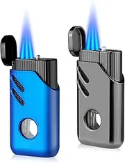 Cgaplus 2 Pack Torch Lighter Triple Jet Flame Butane Refillable with Fuel Level Window Adjustable Windproof Torch Lighters for Kitchen,BBQ,Men,Gifts (Gas not Included)