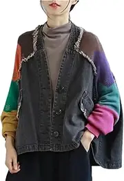 [Generic] Casual Spliced Patchwork Loose Denim Knitted Coat Women Full Sleeve Single Breasted Jacket