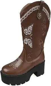 [ZJWBB] Women's Embroidered Cowboy Boots Square Toe Fashion Western Cowgirl Boots Cosplay Fashion Punk Boots Shoes