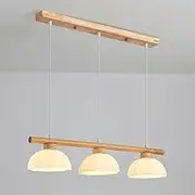 TONFON 3-Heads Wooden Chandelier Long Log Pendant Light with White Glass Shade, Japanese E27 Hanging Light for Kitchen Island Living Room Bedroom Bedside Dining Room Hallway Ceiling Light Fixture(A)