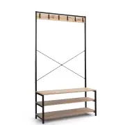 Design Square Nico Industrial Hall Tree Coat Rack 3-Tier Shoe Bench Cabinet - Oak/Black