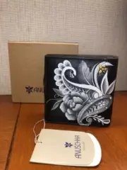Anuschka Hand Painted Leather Tri-Fold Wallet Peonies & Paisley w/ RFID Blocking