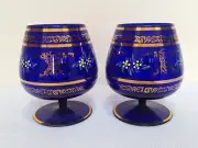 Vintage Bohemian Czech Art Glass Brandy Snifter Cobalt Blue Gold Set of 2