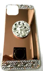 APPLE iPHONE, PRO MAX 11 Rose Gold Metallic Silicon Clear Stones Grip Disk.